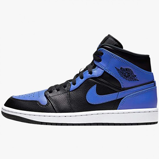 Nike Jordans 1 Mid Hyper Royal Tumbled Leather Black/Hyper Royal-White Boty